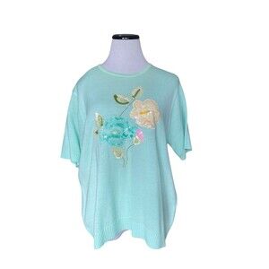 Womens Pastel Floral Applique Cottagecore Knit Sweater Size XL Green Grannycore